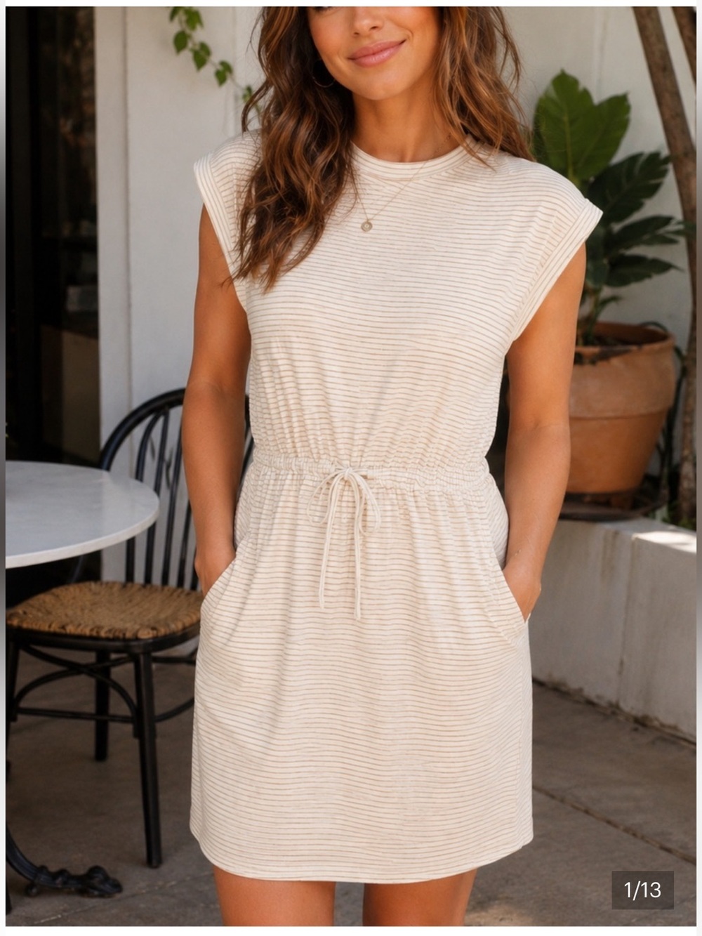 Sleeveless Drawstring Waist Cream Stripe Dress